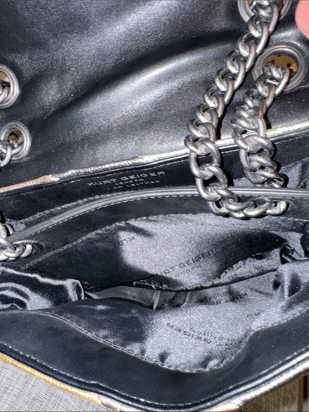 Kurt Geiger Bag Large Kensington Metallic Gold Silver Gray Stripe Shoulder Bag - Picture 13 of 17